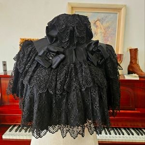 Antique Victorian Black Lace Capelet w- Beaded Bows Mourning Goth Retro Vintage
